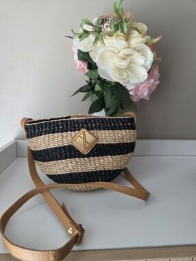 Aranaz Striped Abaca Crossbody Bag - Black and Natural